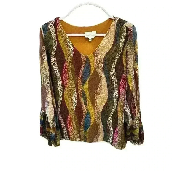 BELLE FRANCE PEASANT BOHO FLOWY LINED TOP AUTUMN COLORS SIZE L LARGE ITALY - Picture 2 of 4